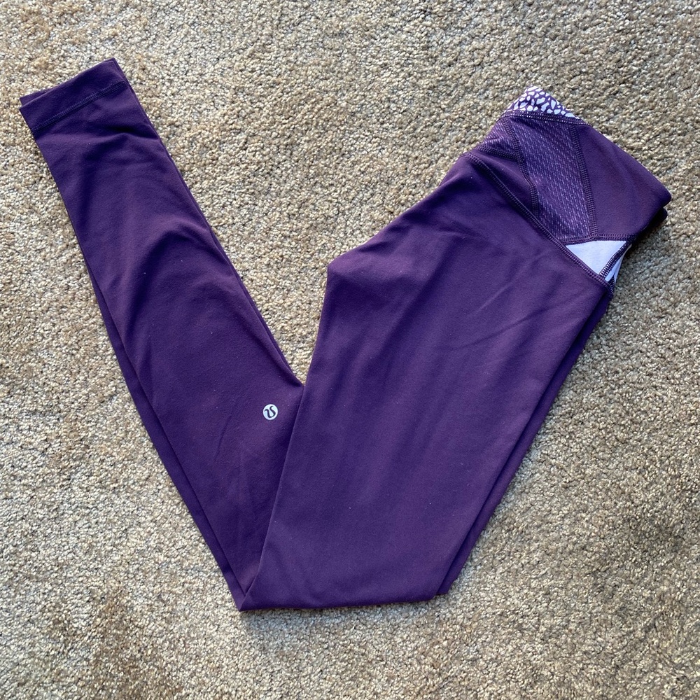 Lululemon Low Waisted Purple Leggings- Geometric Waist Band